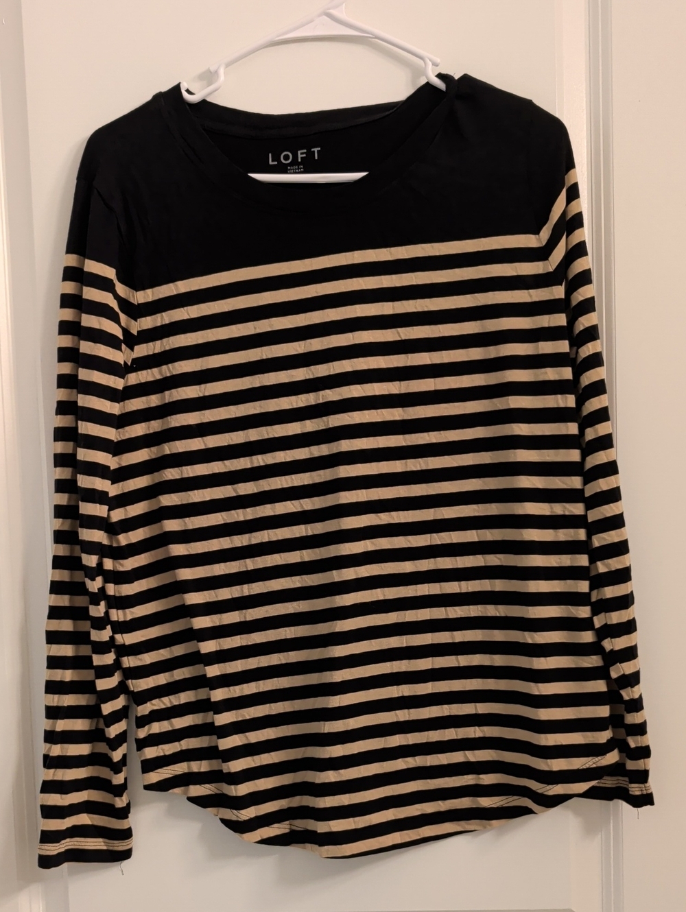 LOFT Black and Tan Striped Long Sleeve Crew Tee